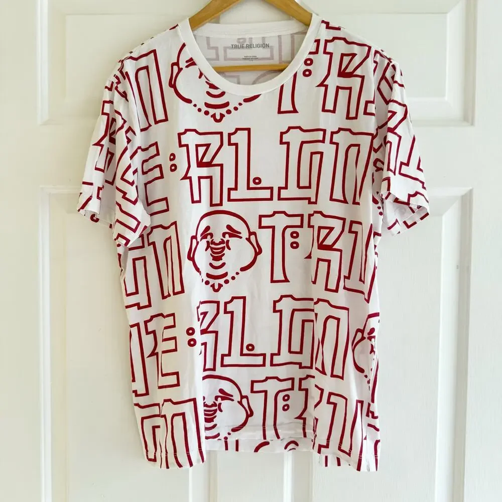 True Religion T-Shirt Mens Large White Red All Over Print Buddha Graphic Y2K